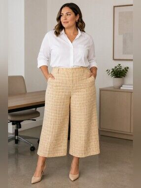 Zara NEW Plus Size XXL: Tweed Tailored Wide-Leg Cropped Pants- Yellow Beige